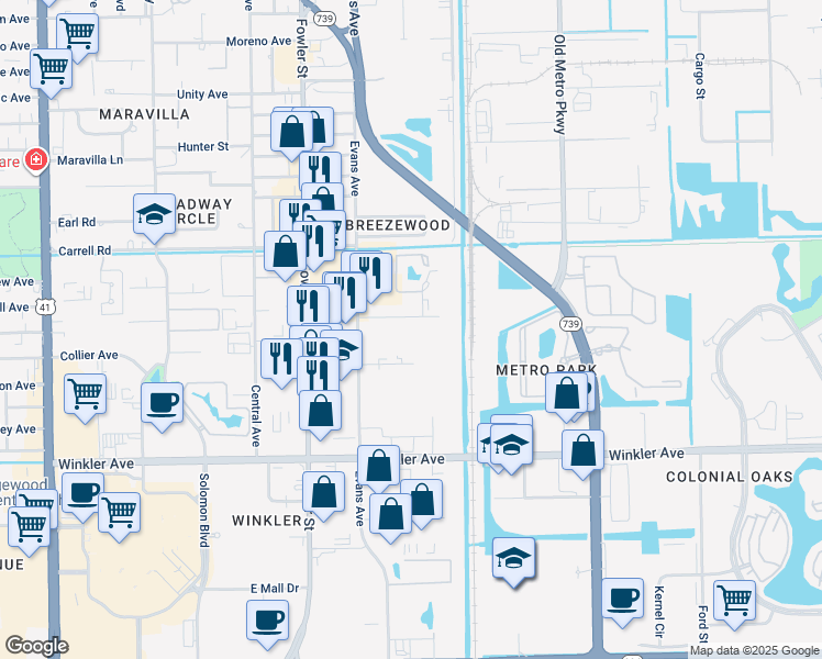 map of restaurants, bars, coffee shops, grocery stores, and more near 3735 Evans Avenue in Fort Myers