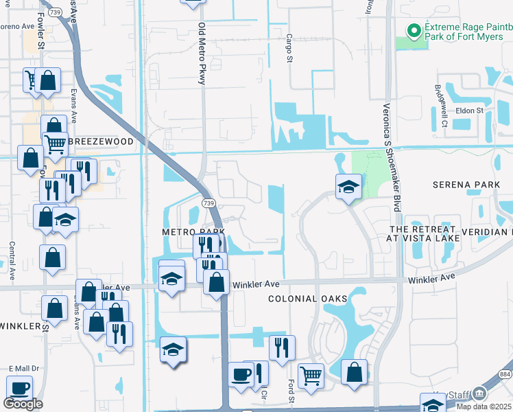 map of restaurants, bars, coffee shops, grocery stores, and more near 3717 Metro Parkway in Fort Myers
