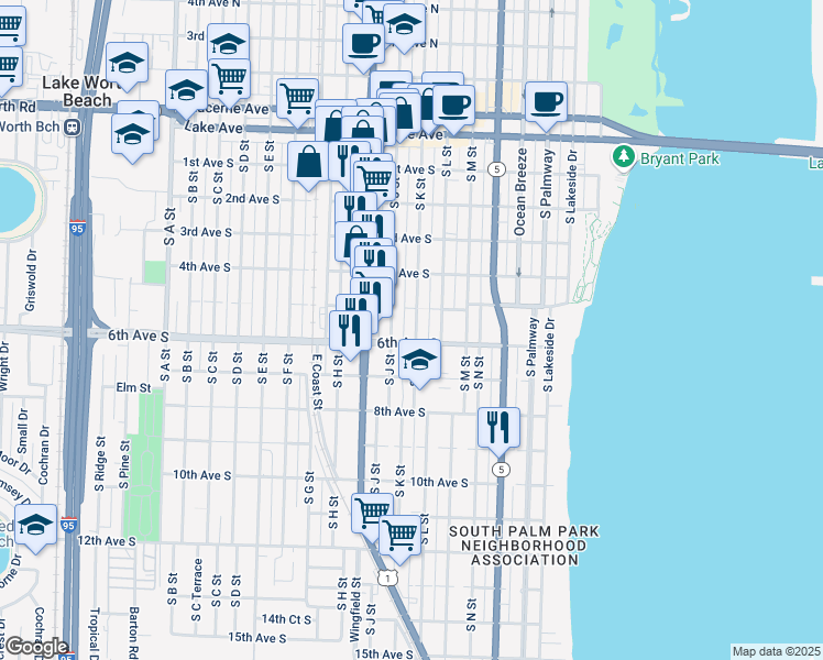 map of restaurants, bars, coffee shops, grocery stores, and more near 606 South J Street in Lake Worth