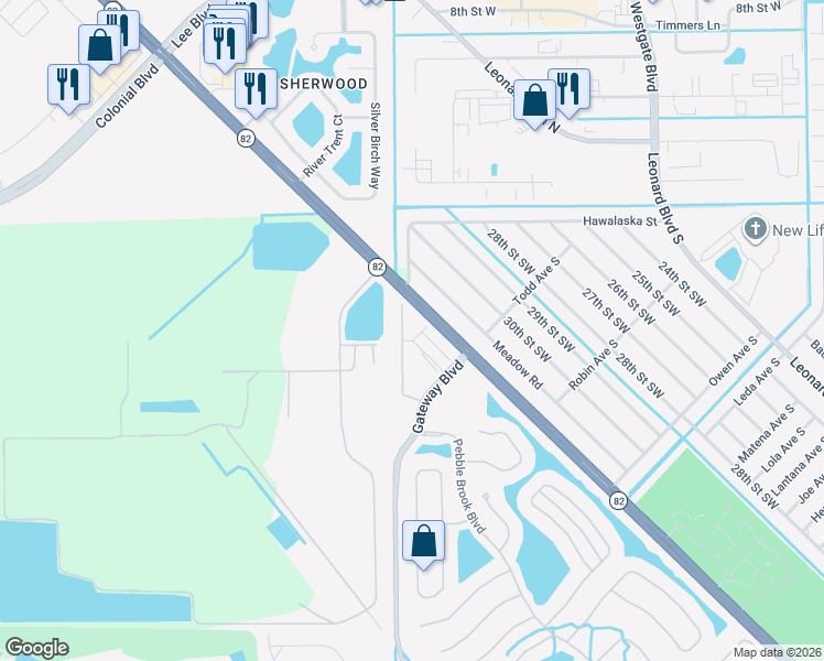 map of restaurants, bars, coffee shops, grocery stores, and more near 12001 Rock Brook Run in Fort Myers