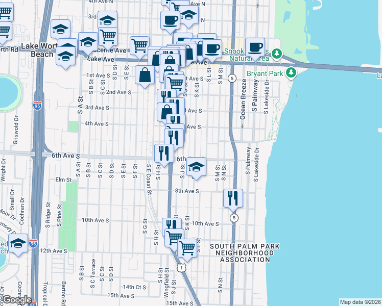 map of restaurants, bars, coffee shops, grocery stores, and more near 523 South K Street in Lake Worth