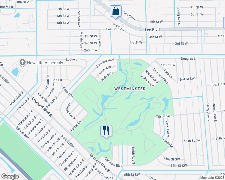 map of restaurants, bars, coffee shops, grocery stores, and more near 4820 Fairloop Run in Lehigh Acres