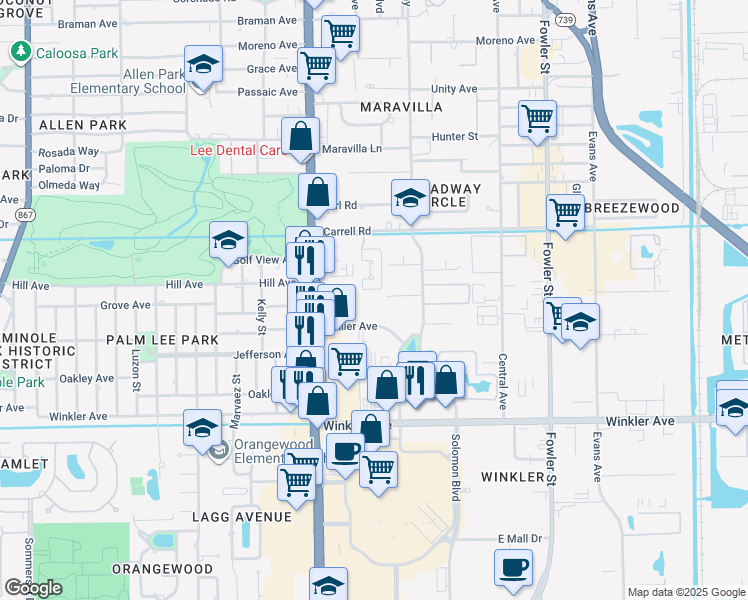 map of restaurants, bars, coffee shops, grocery stores, and more near 2121 Collier Avenue in Fort Myers