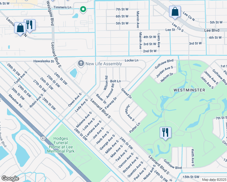 map of restaurants, bars, coffee shops, grocery stores, and more near 2215 Armour Road in Lehigh Acres