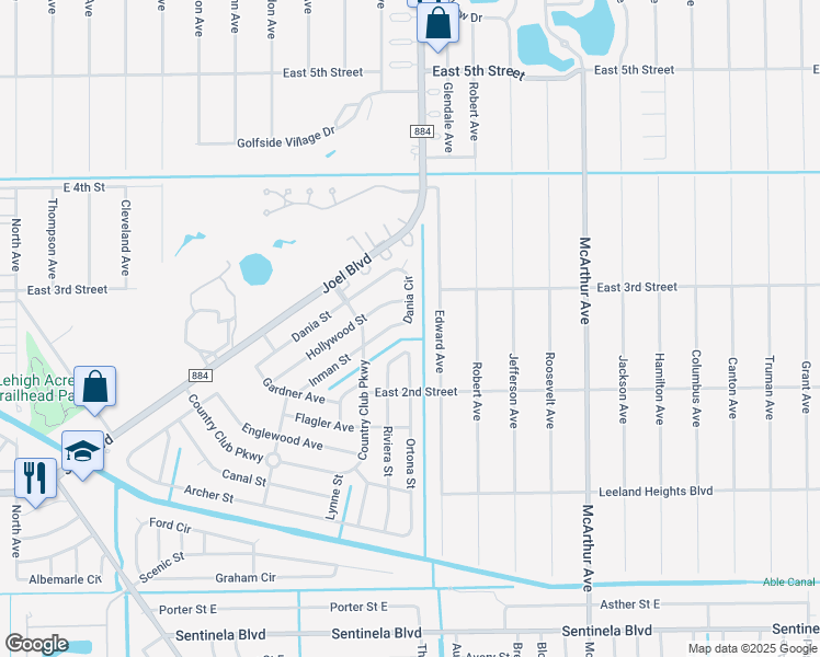 map of restaurants, bars, coffee shops, grocery stores, and more near 127 Dania Circle in Lehigh Acres