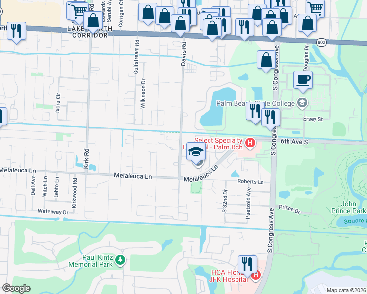 map of restaurants, bars, coffee shops, grocery stores, and more near 4588 Davis Road in Lake Worth Beach