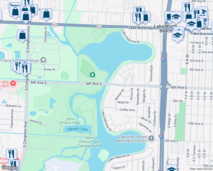 map of restaurants, bars, coffee shops, grocery stores, and more near 2526 Lake Osborne Drive in Lake Worth