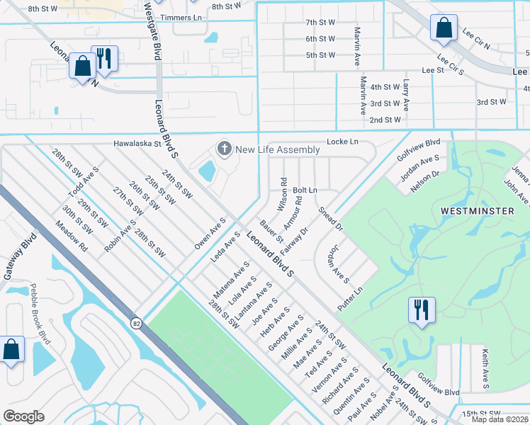 map of restaurants, bars, coffee shops, grocery stores, and more near 5025 Bauer Street in Lehigh Acres