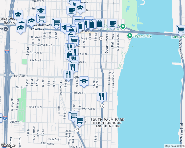 map of restaurants, bars, coffee shops, grocery stores, and more near 416 6th Avenue South in Lake Worth