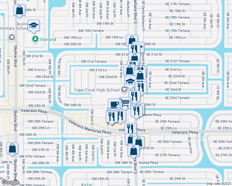 map of restaurants, bars, coffee shops, grocery stores, and more near 2300 Santa Barbara Boulevard in Cape Coral