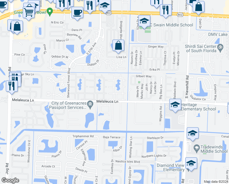 map of restaurants, bars, coffee shops, grocery stores, and more near 301 Knotty Pine Circle in Greenacres