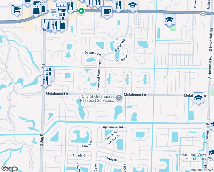 map of restaurants, bars, coffee shops, grocery stores, and more near 101 Pine Boulevard in Greenacres