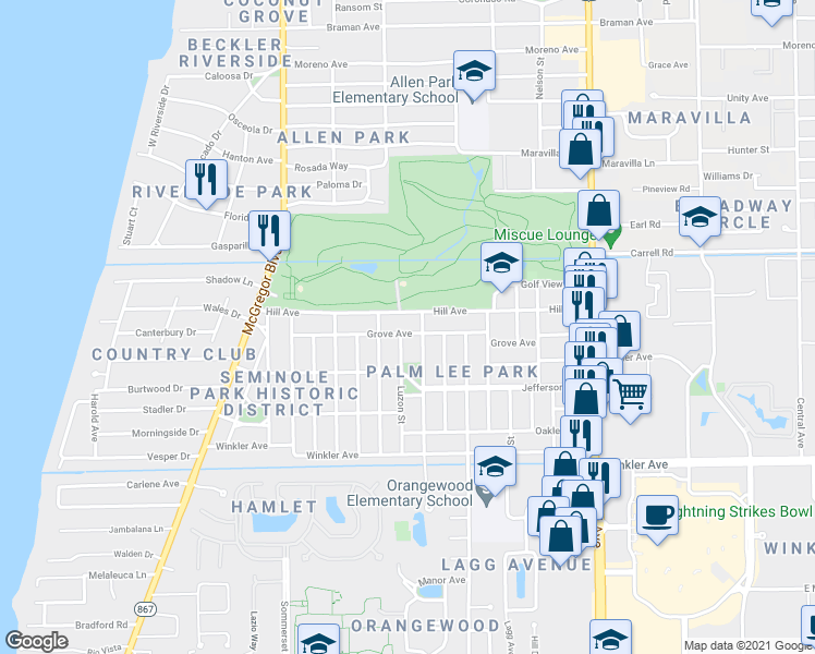 map of restaurants, bars, coffee shops, grocery stores, and more near 1603 Grove Avenue in Fort Myers