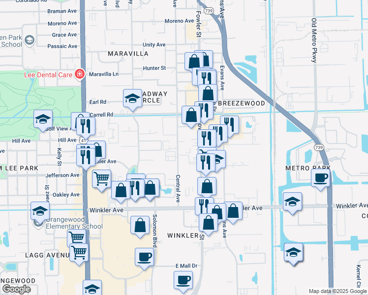 map of restaurants, bars, coffee shops, grocery stores, and more near 3700-3722 Central Avenue in Fort Myers