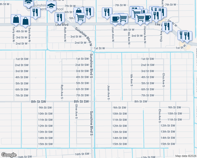 map of restaurants, bars, coffee shops, grocery stores, and more near 3011 5th Street Southwest in Lehigh Acres
