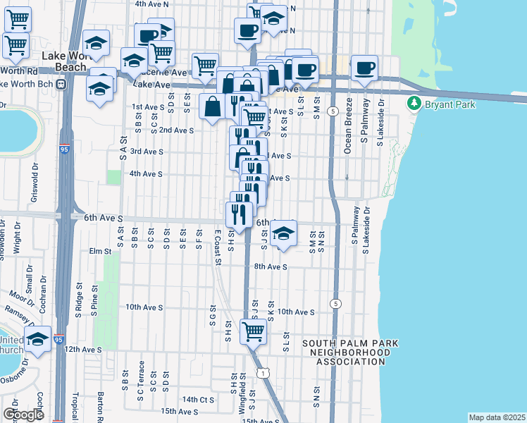 map of restaurants, bars, coffee shops, grocery stores, and more near 606 South J Street in Lake Worth