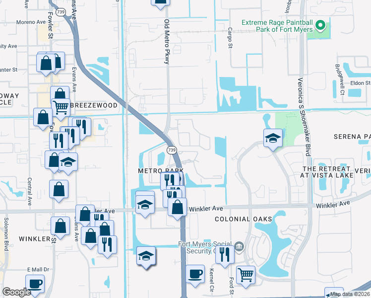 map of restaurants, bars, coffee shops, grocery stores, and more near 3616 Pine Oak Circle in Fort Myers
