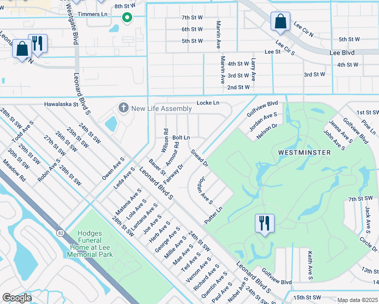 map of restaurants, bars, coffee shops, grocery stores, and more near 2227 Fairway Drive in Lehigh Acres