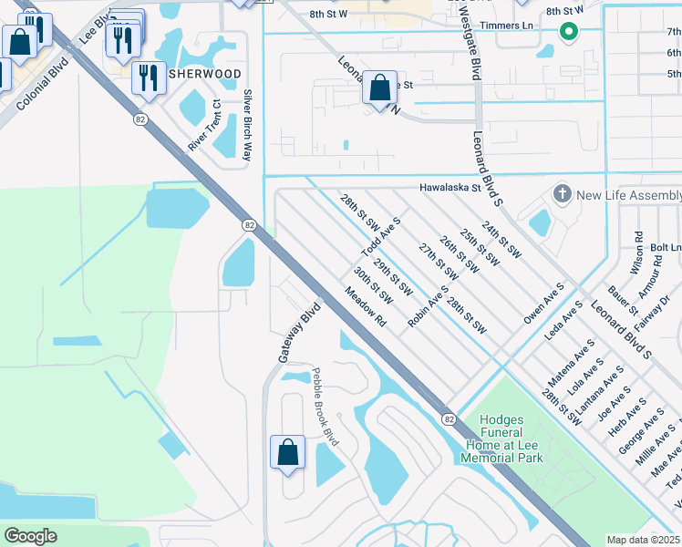 map of restaurants, bars, coffee shops, grocery stores, and more near 161 Meadow Road in Lehigh Acres