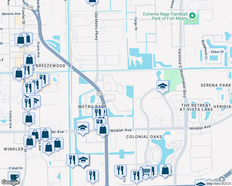 map of restaurants, bars, coffee shops, grocery stores, and more near 3717 Metro Parkway in Fort Myers