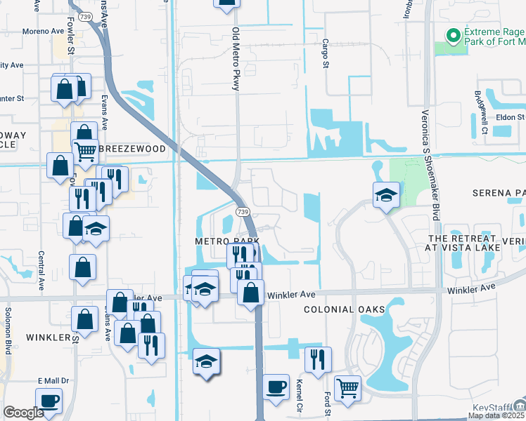 map of restaurants, bars, coffee shops, grocery stores, and more near 3701 Metro Parkway in Fort Myers