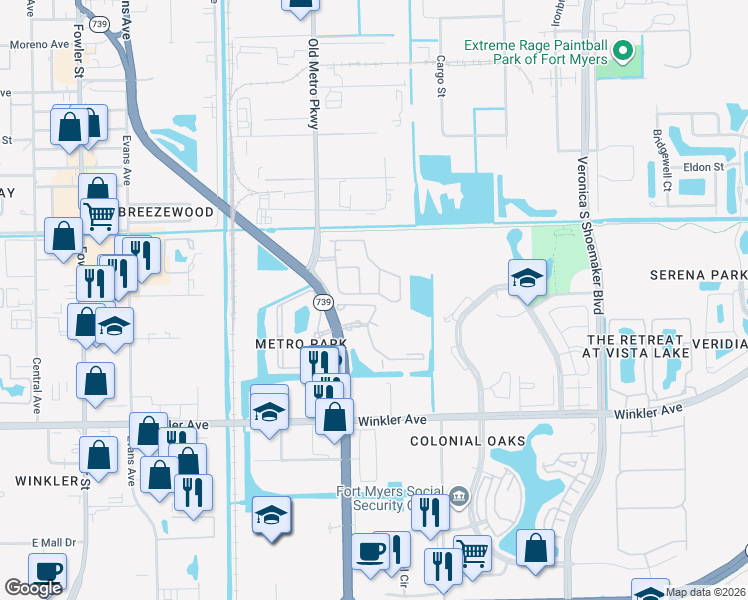 map of restaurants, bars, coffee shops, grocery stores, and more near 3620 Pine Oak Circle in Fort Myers