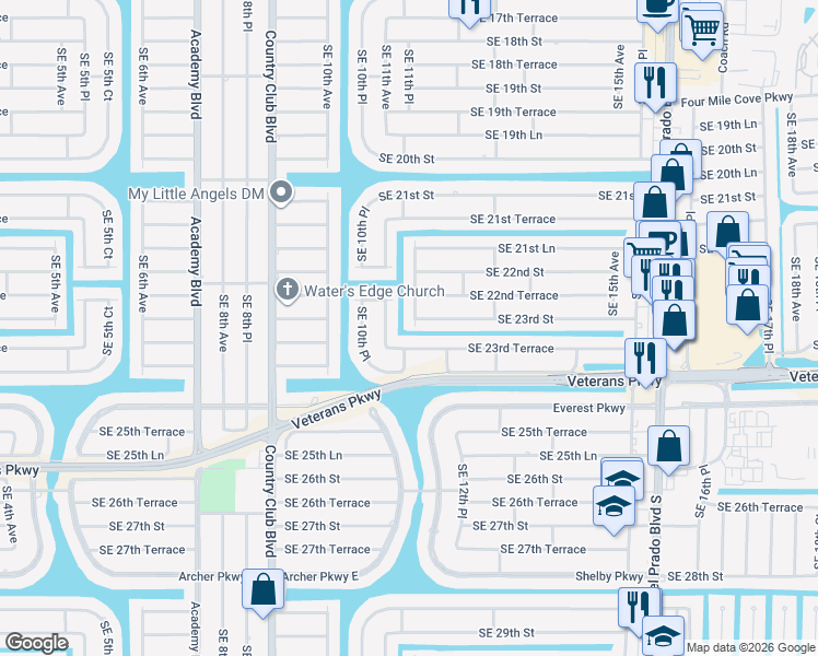 map of restaurants, bars, coffee shops, grocery stores, and more near 1105 Southeast 23rd Terrace in Cape Coral