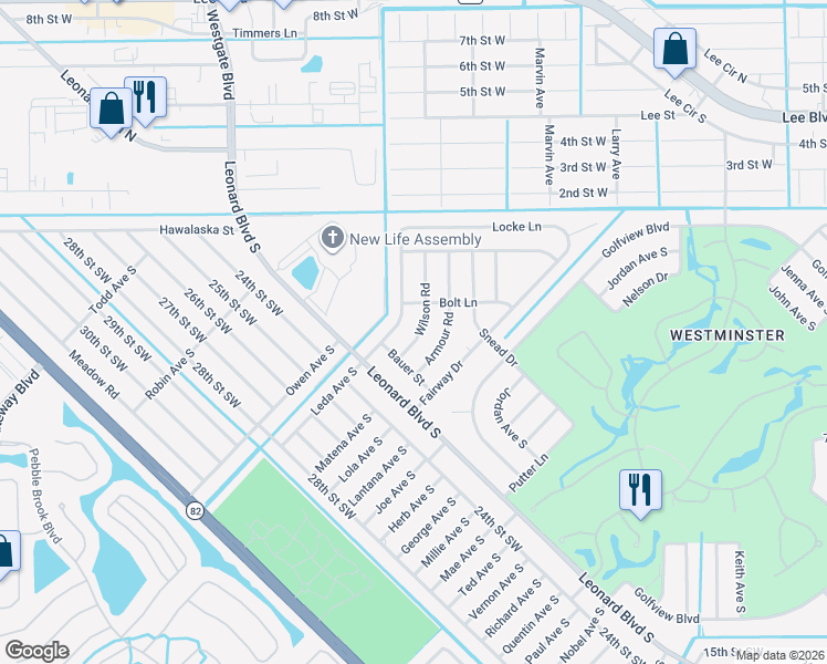 map of restaurants, bars, coffee shops, grocery stores, and more near 2201 Wilson Road in Lehigh Acres