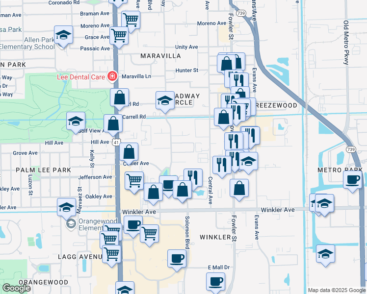 map of restaurants, bars, coffee shops, grocery stores, and more near 3677 Broadway in Fort Myers