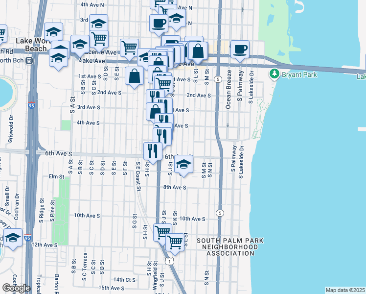 map of restaurants, bars, coffee shops, grocery stores, and more near 425 South L Street in Lake Worth