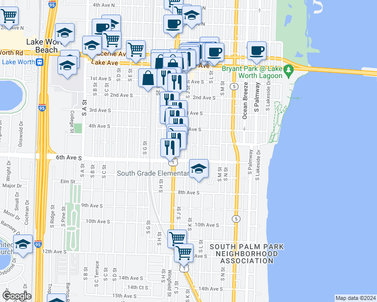 map of restaurants, bars, coffee shops, grocery stores, and more near 514 South J Street in Lake Worth