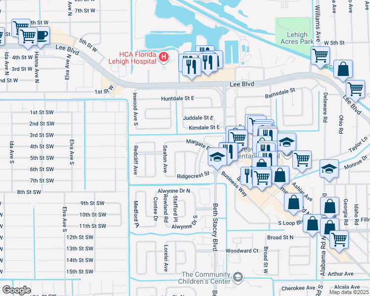 map of restaurants, bars, coffee shops, grocery stores, and more near 1707 Margate Boulevard in Lehigh Acres