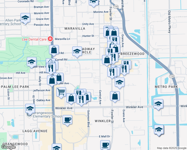 map of restaurants, bars, coffee shops, grocery stores, and more near 3677 Broadway in Fort Myers