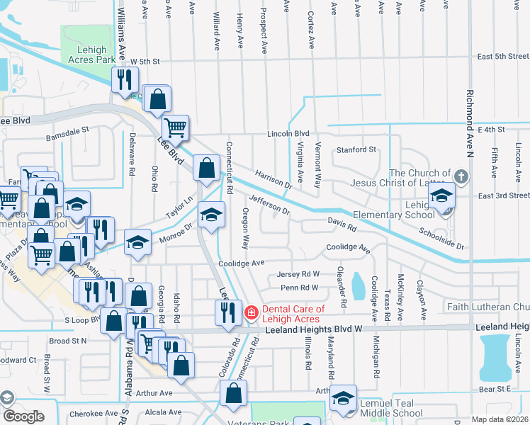 map of restaurants, bars, coffee shops, grocery stores, and more near 519 Jefferson Drive in Lehigh Acres