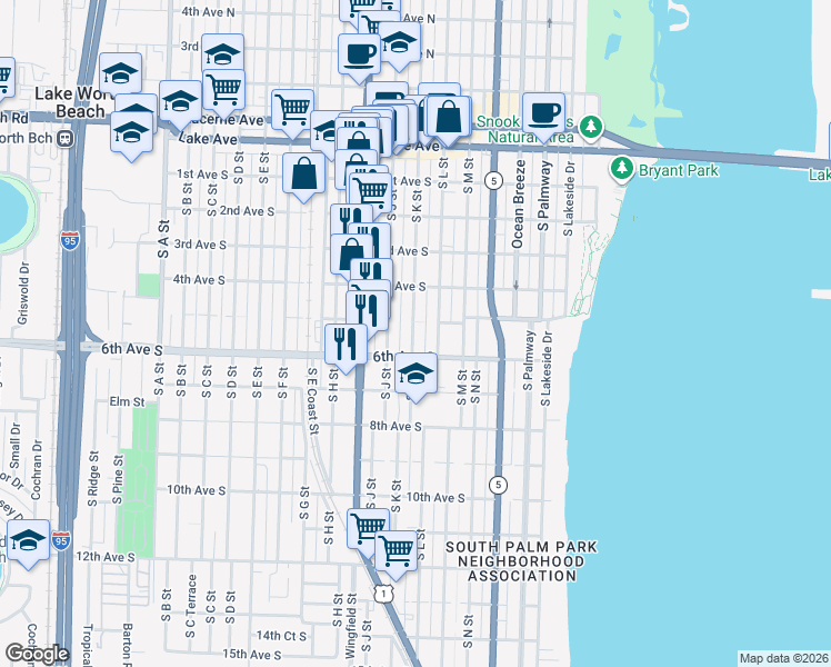 map of restaurants, bars, coffee shops, grocery stores, and more near 425 South L Street in Lake Worth