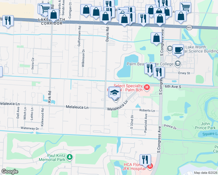 map of restaurants, bars, coffee shops, grocery stores, and more near 4544 Davis Road in Lake Worth