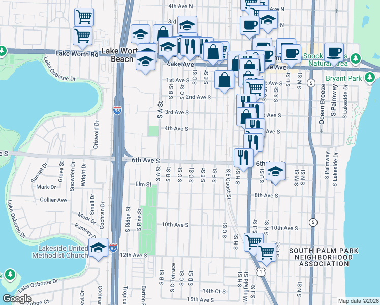 map of restaurants, bars, coffee shops, grocery stores, and more near 431 South D Street in Lake Worth