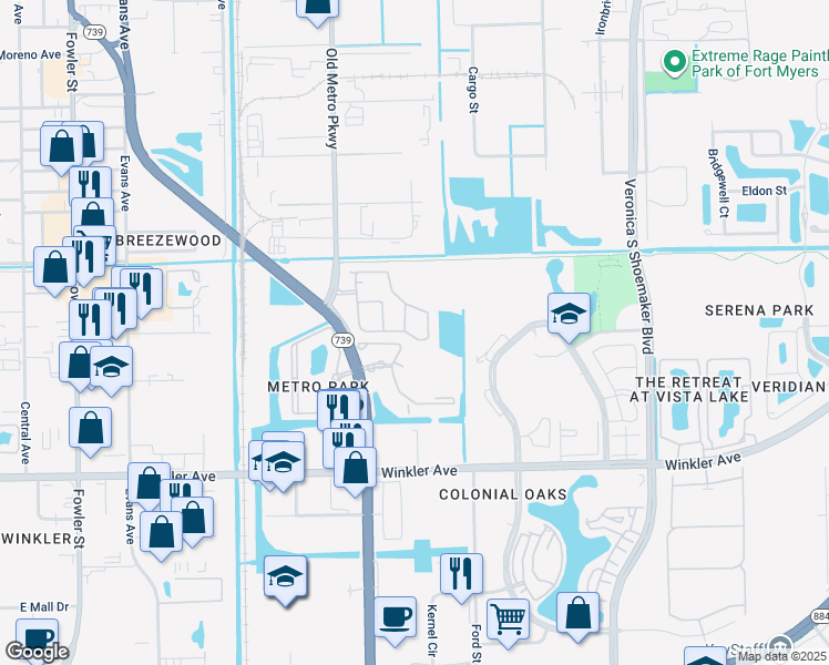 map of restaurants, bars, coffee shops, grocery stores, and more near 3621 Pine Oak Circle in Fort Myers