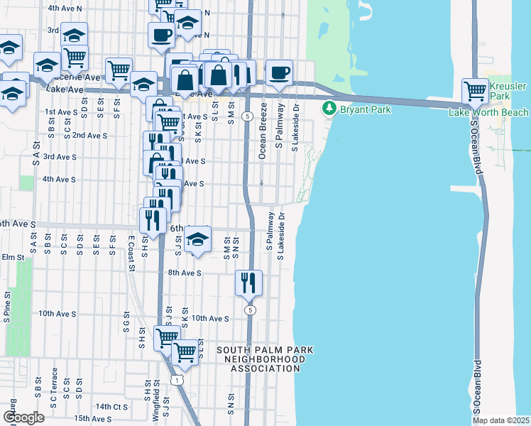 map of restaurants, bars, coffee shops, grocery stores, and more near 421 Ocean Breeze in Lake Worth