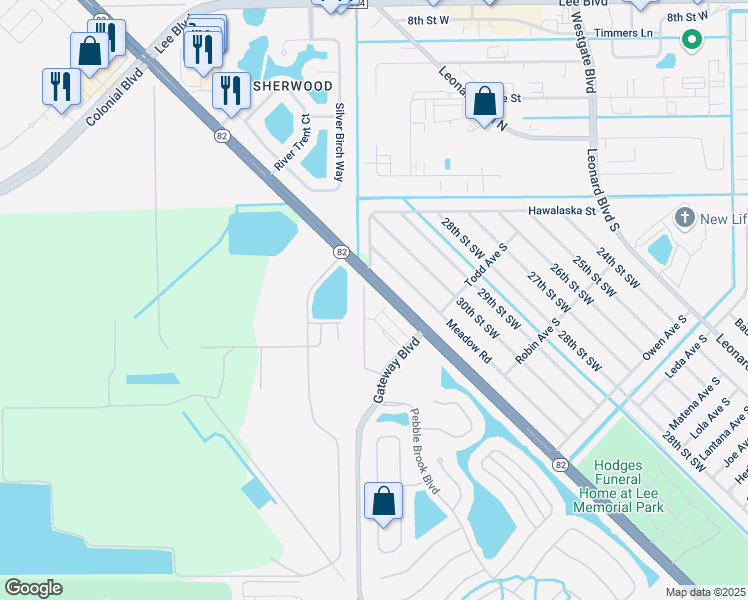 map of restaurants, bars, coffee shops, grocery stores, and more near 122 Meadow Road in Lehigh Acres