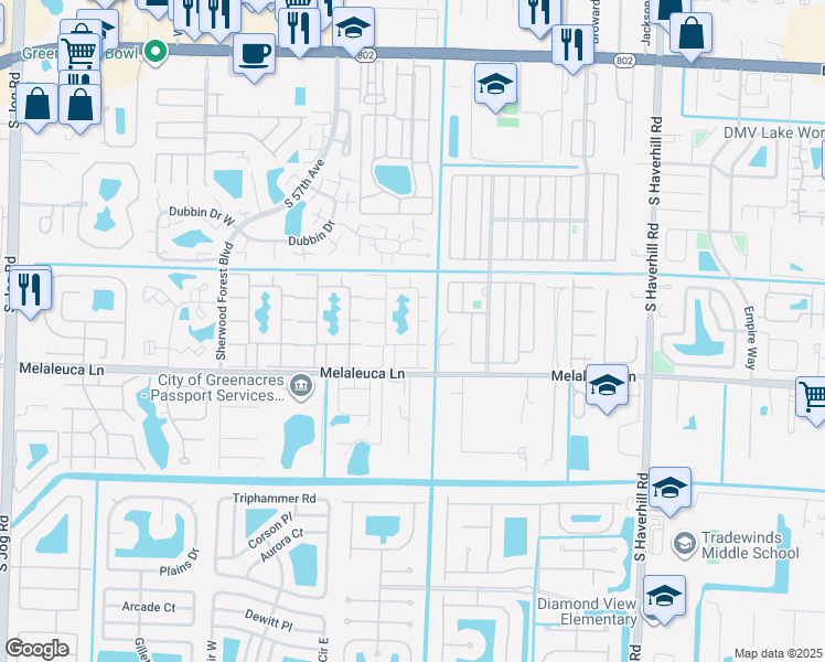 map of restaurants, bars, coffee shops, grocery stores, and more near 309 Knotty Pine Circle in Greenacres