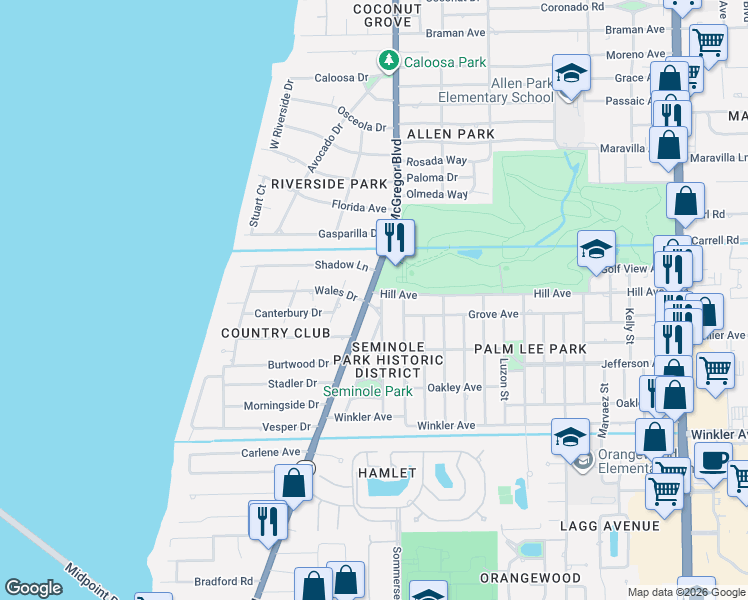 map of restaurants, bars, coffee shops, grocery stores, and more near 3610 McGregor Boulevard in Fort Myers