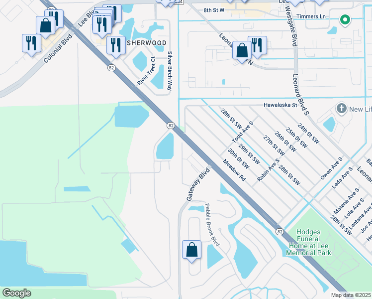map of restaurants, bars, coffee shops, grocery stores, and more near 122 Meadow Road in Lehigh Acres