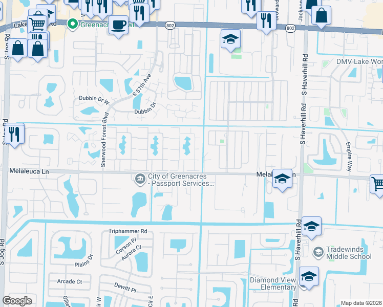 map of restaurants, bars, coffee shops, grocery stores, and more near 313 Knotty Pine Circle in Greenacres