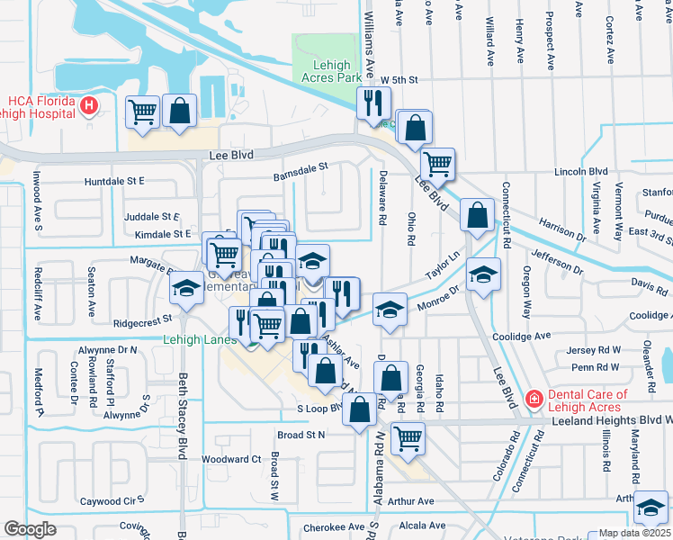 map of restaurants, bars, coffee shops, grocery stores, and more near 1230 Taylor Lane in Lehigh Acres