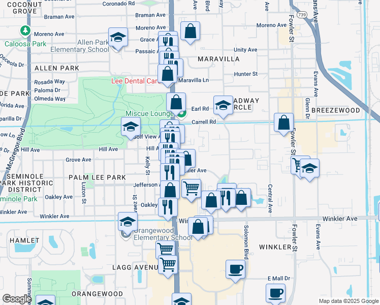 map of restaurants, bars, coffee shops, grocery stores, and more near 2075 Collier Avenue in Fort Myers