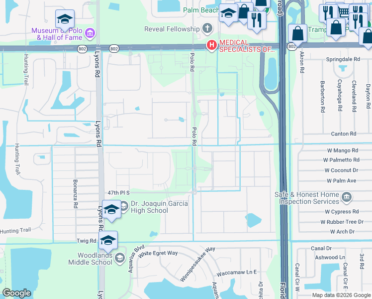 map of restaurants, bars, coffee shops, grocery stores, and more near 8623 Patron Lane in Wellington
