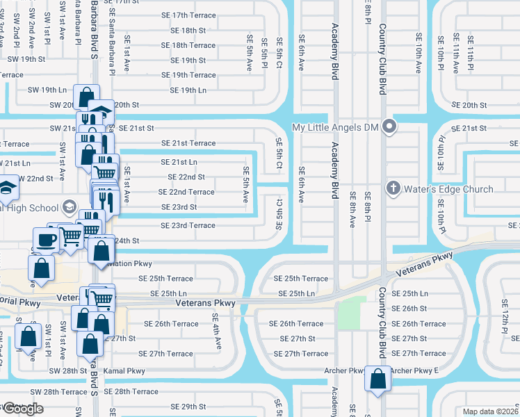 map of restaurants, bars, coffee shops, grocery stores, and more near 2221 Southeast 5th Avenue in Cape Coral