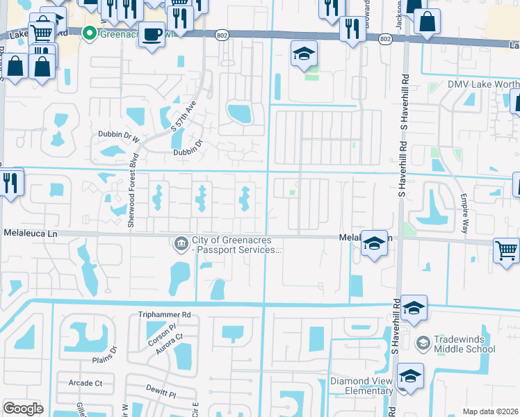 map of restaurants, bars, coffee shops, grocery stores, and more near 310 Knotty Pine Circle in Greenacres
