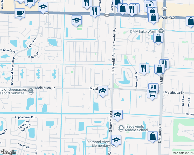 map of restaurants, bars, coffee shops, grocery stores, and more near 140 Baldwin Boulevard in Greenacres